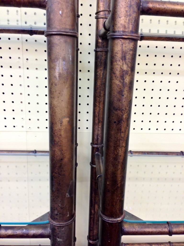 Pair of Patinated Metal Faux Bamboo Etageres In Good Condition In Palm Springs, CA