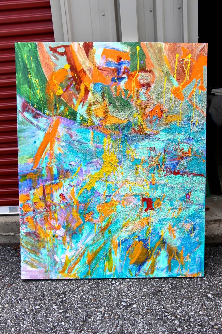 A large colorful abstract with lots of depth. Unfortunately it is unsigned. It was out of estate out a woodstock artist who believe was friends of Jeff Poons.
 