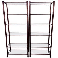 Pair of Patinated Metal Faux Bamboo Etageres