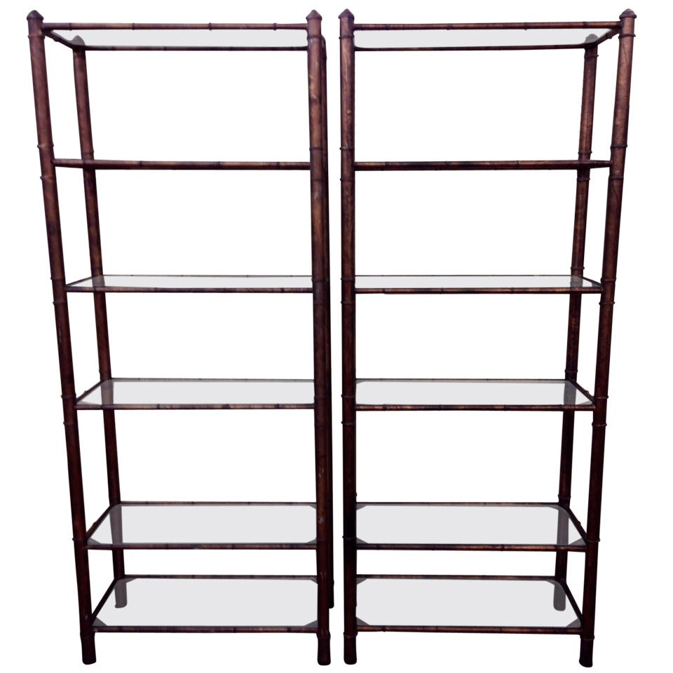 Pair of Patinated Metal Faux Bamboo Etageres