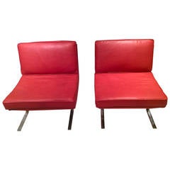 Vintage Red Leather and Chromed Steel Based Chairs