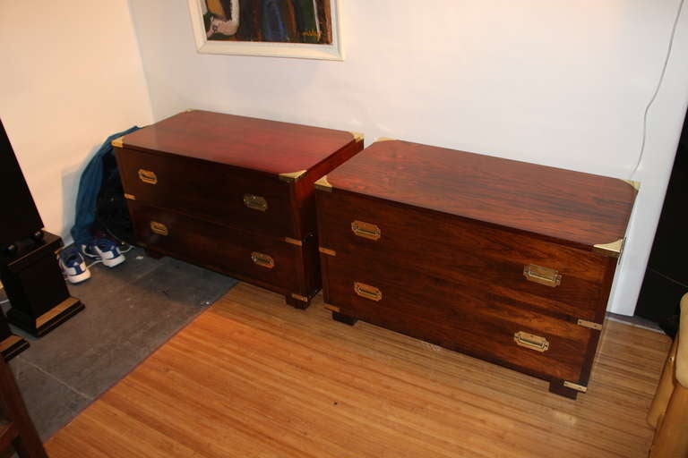 A nice pair of Re-finished campaign chest veneered in rosewood with nice brass fittings and pulls. Did Have the round John Stuart label, now missing, although I may still find it.