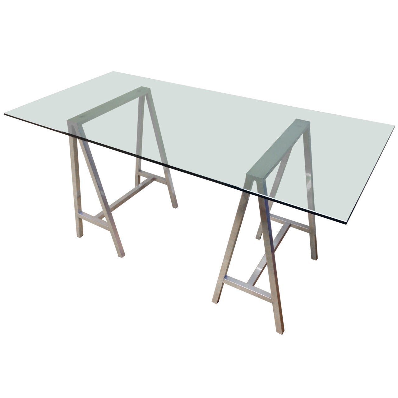 Glass Top Aluminum Saw Horse Leg Table or Desk