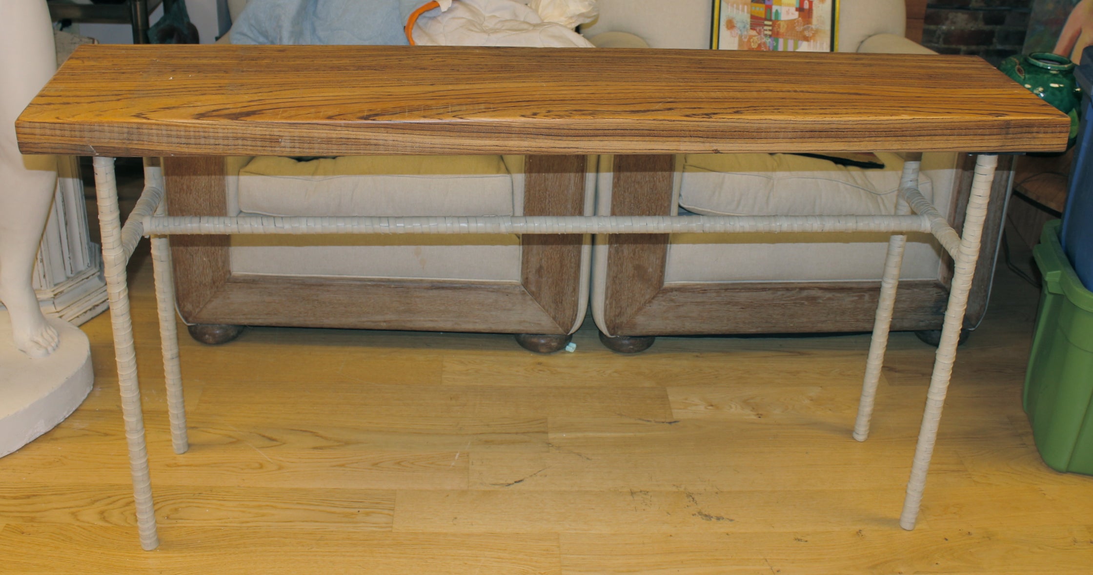 Beautiful Zebra Wood Console With Leather Wrapped Legs