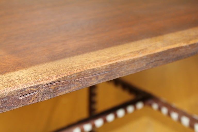 Nice Mahogany Free Edge Table with Leather Wrapped Legs In Good Condition For Sale In Palm Springs, CA