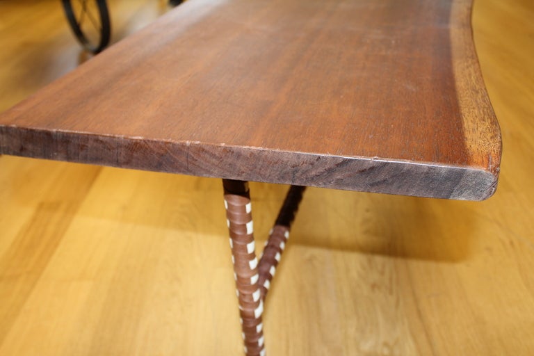Nice Mahogany Free Edge Table with Leather Wrapped Legs In Good Condition For Sale In Palm Springs, CA
