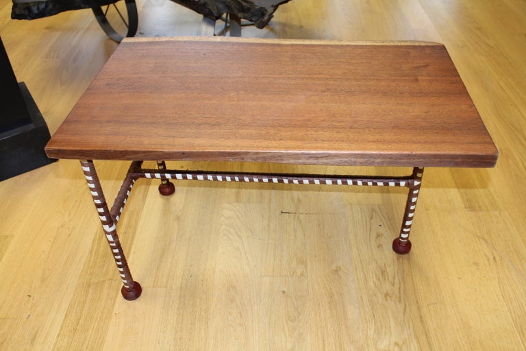Metal Nice Mahogany Free Edge Table with Leather Wrapped Legs For Sale