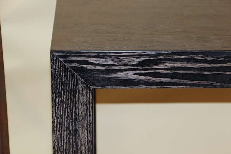 A nice black cerused or limed oak console. nice artisan finish to the legs. Beautiful graining to the wood.