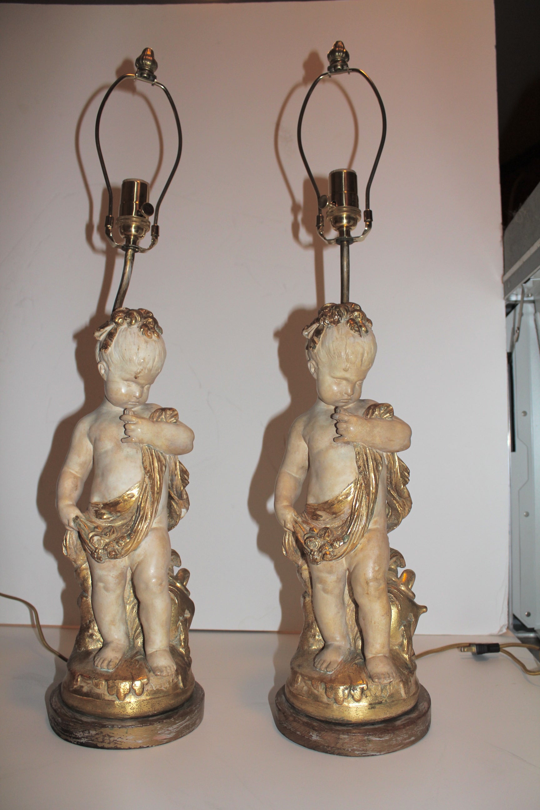 Wonderful Plaster Painted Putti or Cherubs Mounted as Lamps 