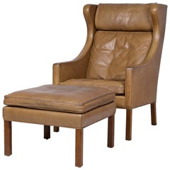 Børge Mogensen Leather Wingback Chair and Stool