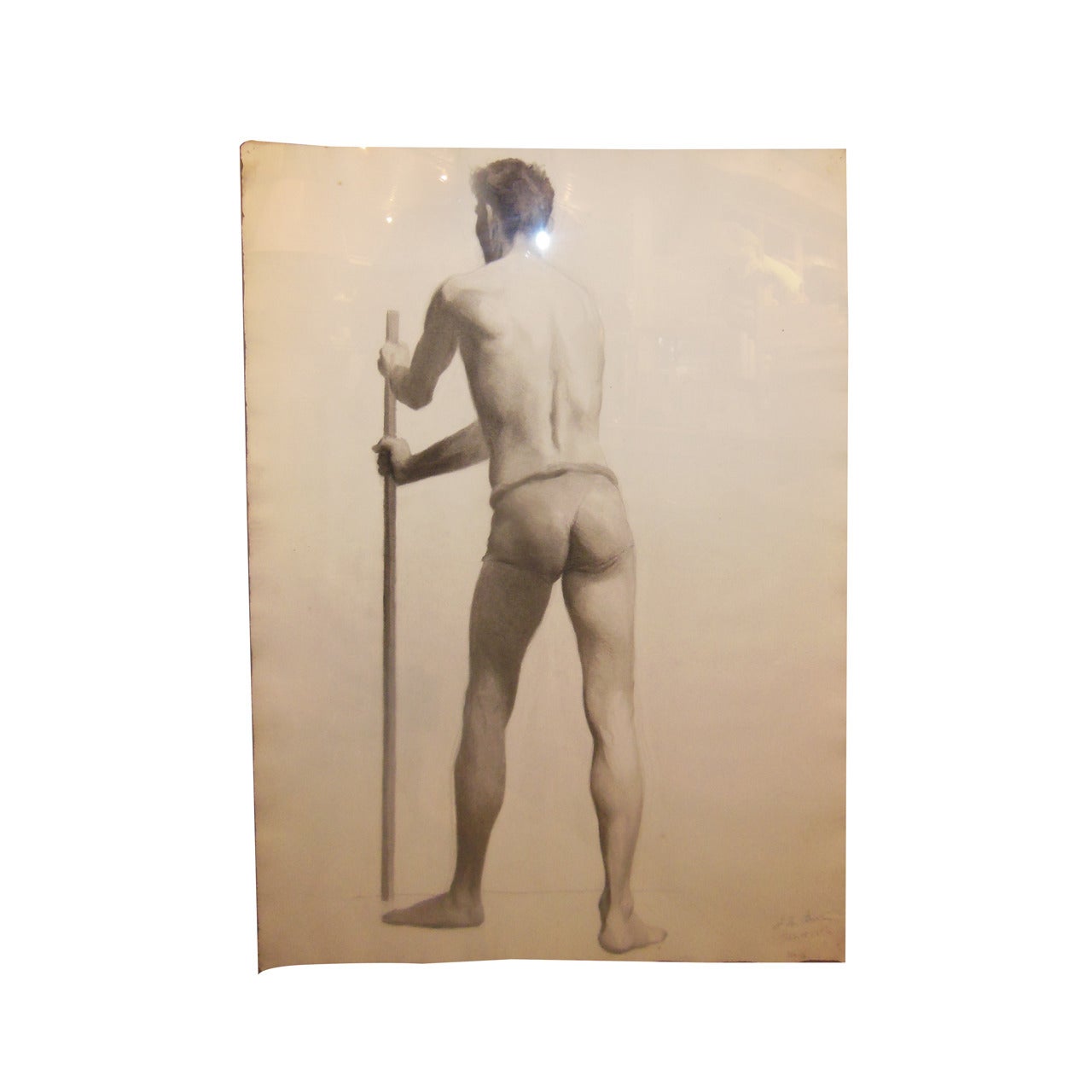 19th Century Drawing of a Nude Man with Staff