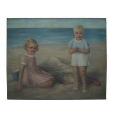Antique Large Oil on Canvass Seaside Children