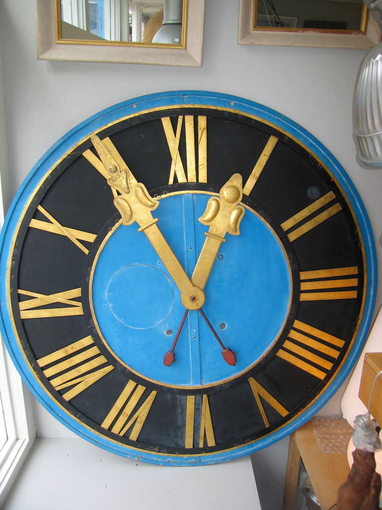Huge original fabulous clock from a textile mill in Connecticut
Gilded hands and decoration unusual blue paint