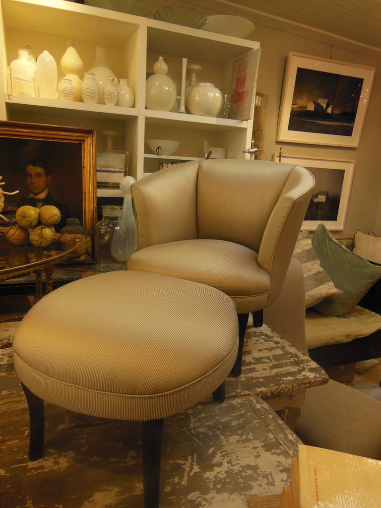 glamorous small scale armchair and ottoman newly reupholstered in vintage silk