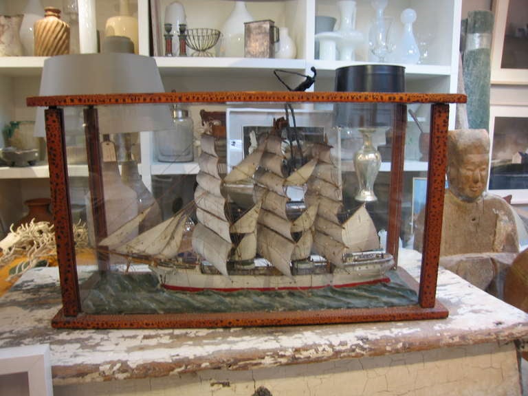 nice folky ship model in a painted case with great patina