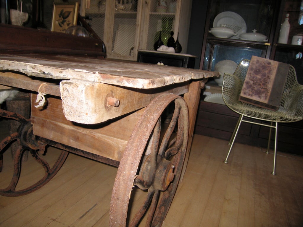 20th Century Vintage French Flower Cart on Cast Iron Wheels