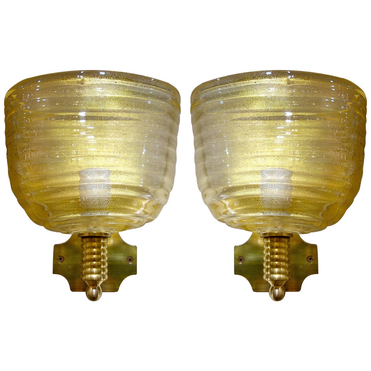 Pair of Large Italian Mid-Century Gold Murano Glass Sconces By Barovier