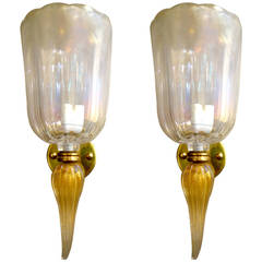 Pair of Mid-Century Italian Murano Gold Glass Sconces By Seguso