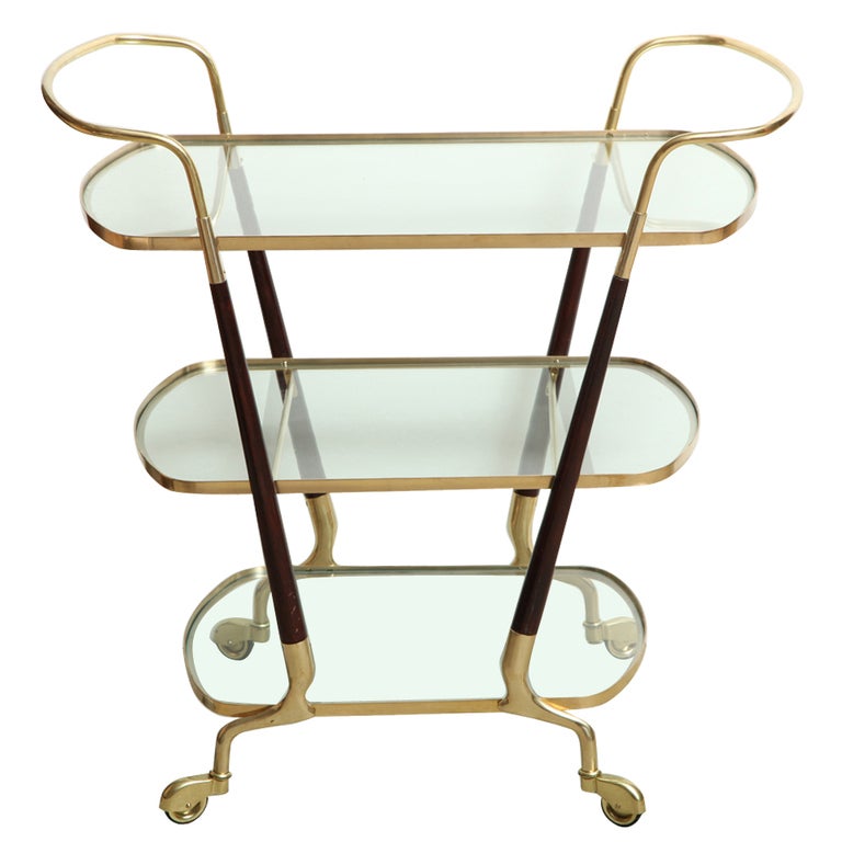 Mid-Century Italian Brass and Walnut Three Tier Bar Cart