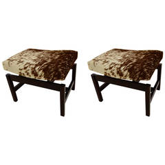 Pair of Mid-Century Floating Top Cowhide Ottomans