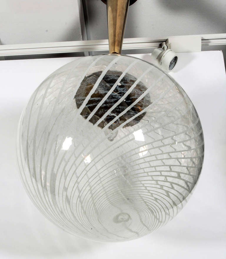Italian Mid-Century Striped Reticello Murano Glass Globe/Chandelier/Pendant; Companion PIeces Available In Good Condition In New York, NY