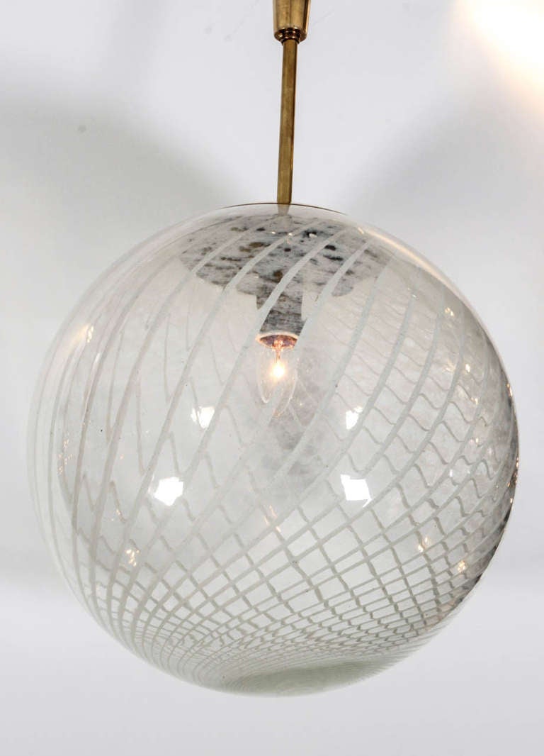 Italian Mid-Century Striped Reticello Murano Glass Globe/Chandelier/Pendant; Companion PIeces Available 1