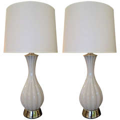 Pair of Italian Mid-Century White Silver Flecked Murano Table Lamps