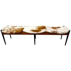 Italian MId-Century Three Seater Walnut And Ebonized Cowhide Bench