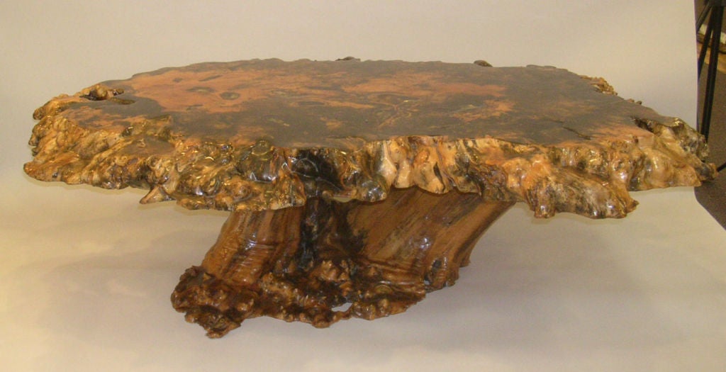 A circa 1960's coffee table comprised of a cross-sectioned tree trunk, the thick top with some pockets filled with rocks and minerals sealed with a resin finish resting on an assembled root base.<br />
<br />
Keywords:  Coffee table, cocktail