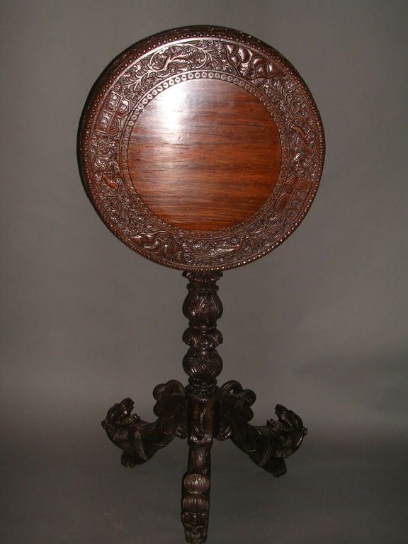 19th Century Indo-Portuguese Carved Rosewood Tilt-Top Side Table For Sale 6
