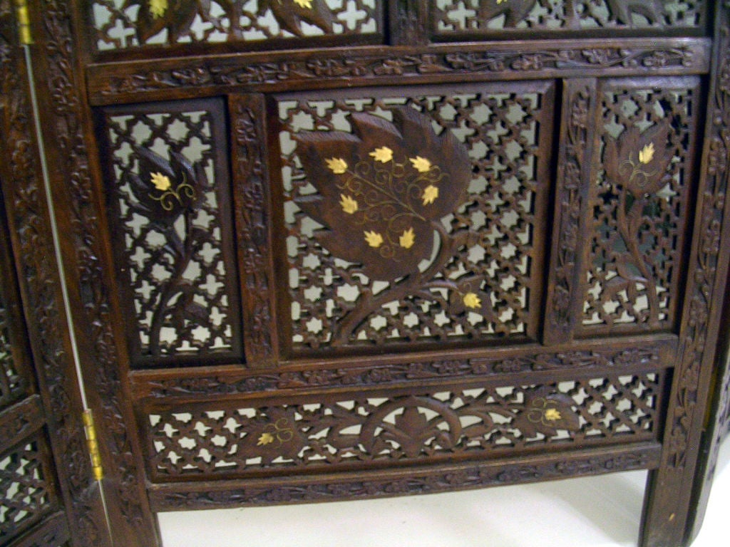 An Early 20th C  Double Sided Brass & Bone Inlaid Indian Screen 4