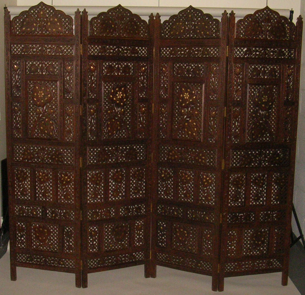 20th Century An Early 20th C  Double Sided Brass & Bone Inlaid Indian Screen
