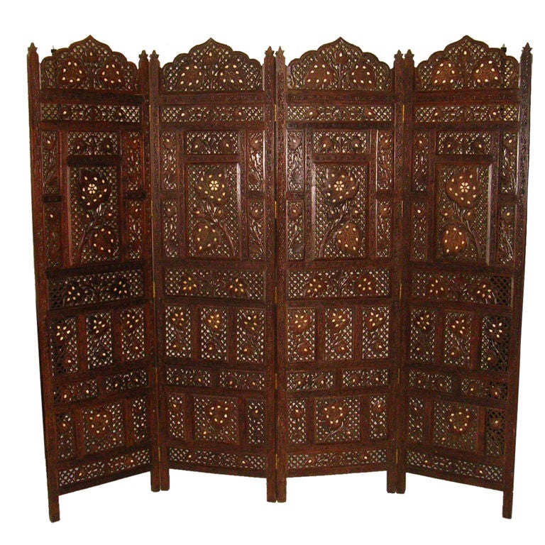 An Early 20th C  Double Sided Brass & Bone Inlaid Indian Screen