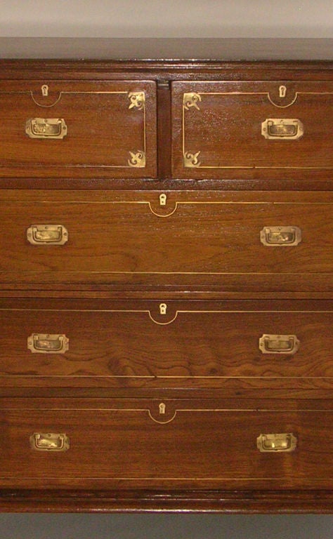19th Century Antique Anglo-Indian Brass Inlaid Campaign Chest of Drawers