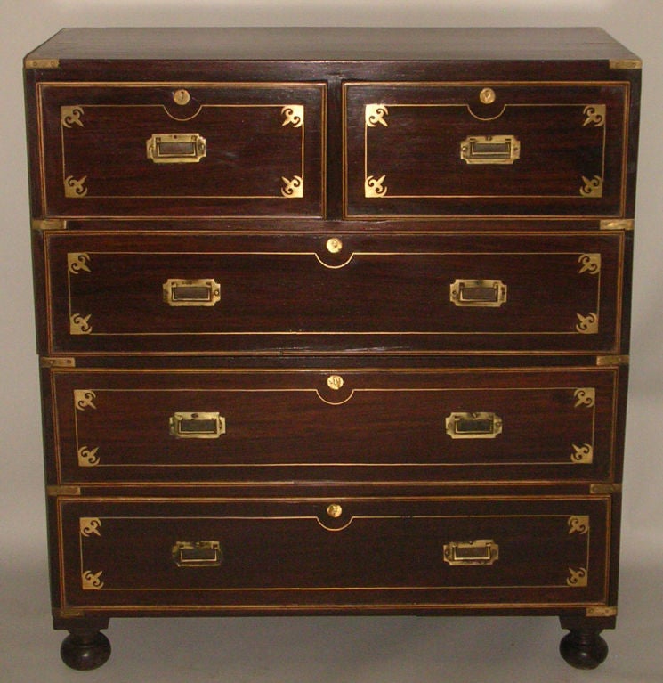 19th Century 19C Anglo-Indian Rosewood, Brass & Satinwood Campaign Chest