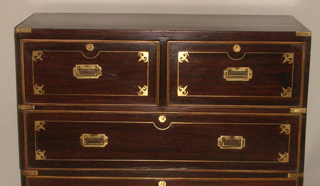 19C Anglo-Indian Rosewood, Brass & Satinwood Campaign Chest 1