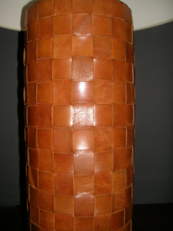 Pair Of French 1970's Woven Leather Cylindrical Table Lamps