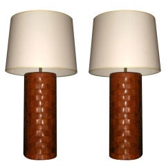Pair Of French 1970's Woven Leather Cylindrical Table Lamps