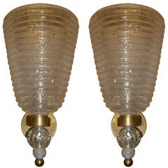 Pair Of  Mid-Century 14" Ribbed Murano Sconces