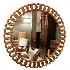 French Mid-Century Circular 49" Gilt Wood Chain Link Wall Mirror