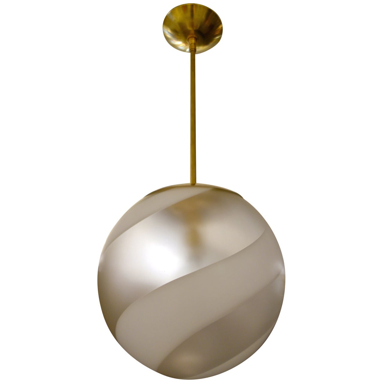 Italian Midcentury White Spiraled Murano Glass Globe Pendant For Sale