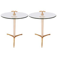 Pair Of Italian Mid-Century Murano Glass And Brass Tripod Side/End Tables