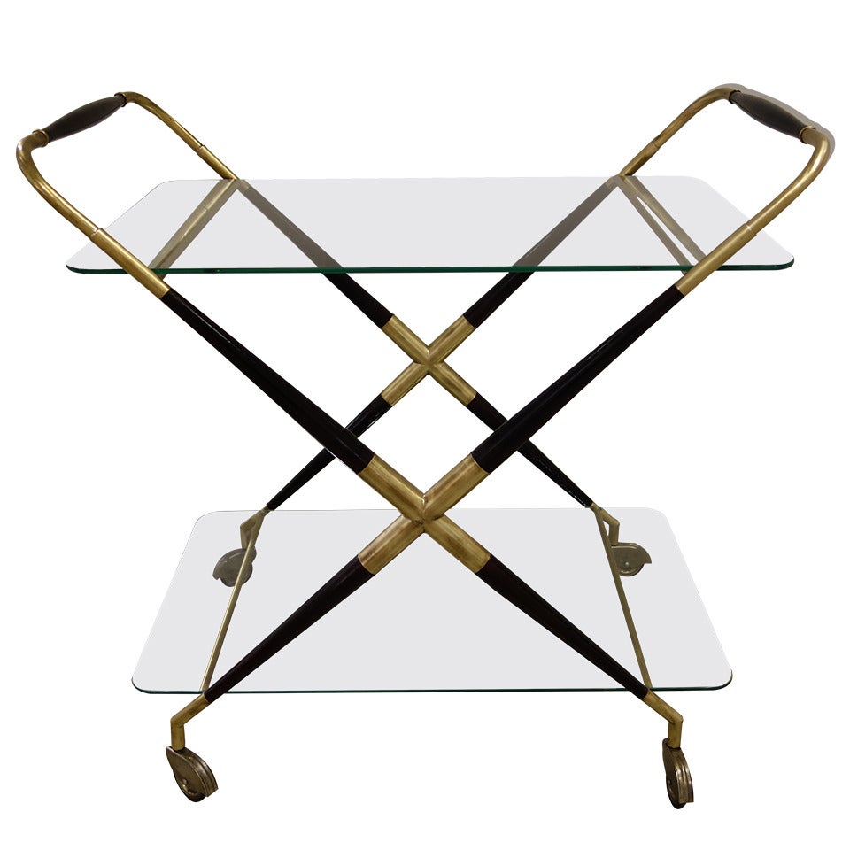 Mid-Century Italian Two Tier Brass And Wood Bar Cart