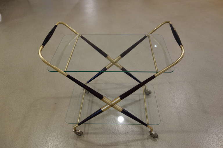 Mid-Century Modern Mid-Century Italian Two Tier Brass And Wood Bar Cart