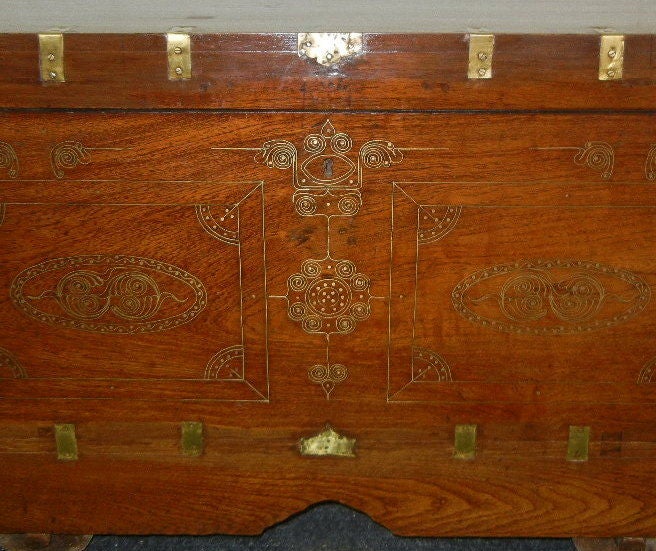 20th Century Antique Burmese Brass Inlaid Trunk/Side/End Table On Wheels