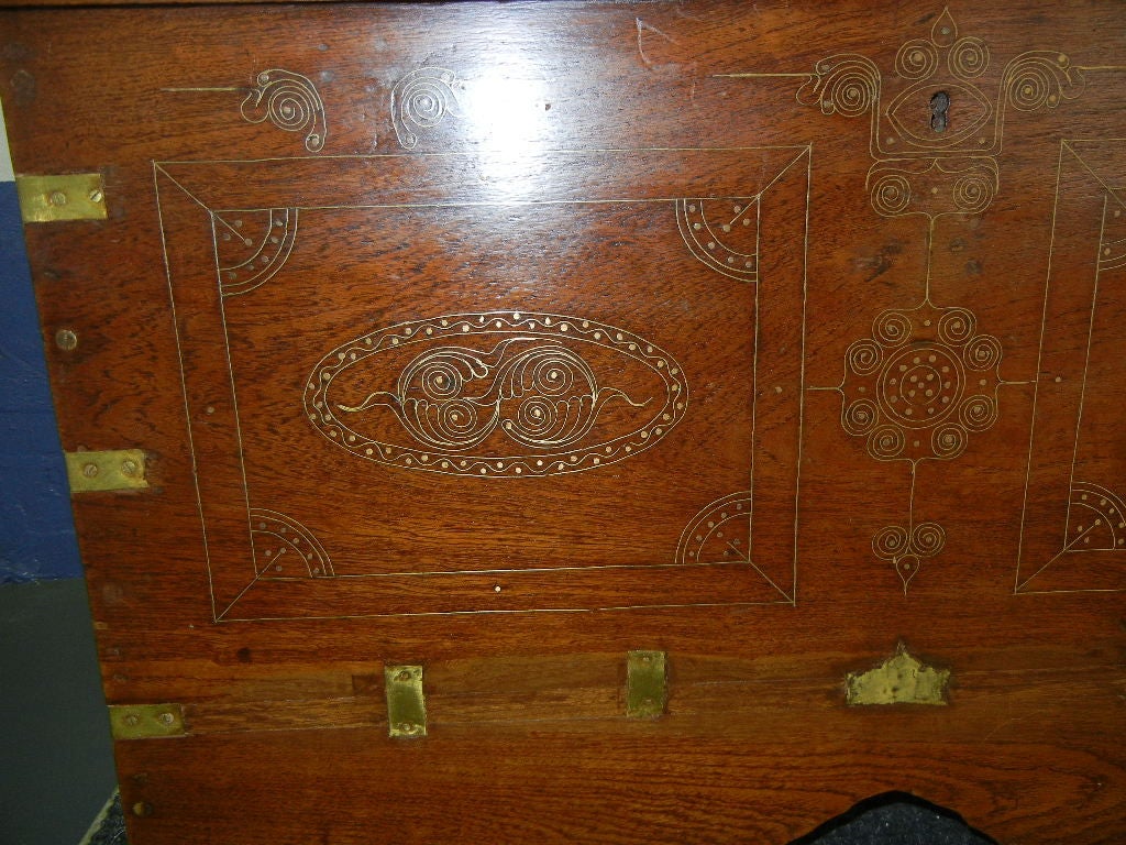 Teak Antique Burmese Brass Inlaid Trunk/Side/End Table On Wheels