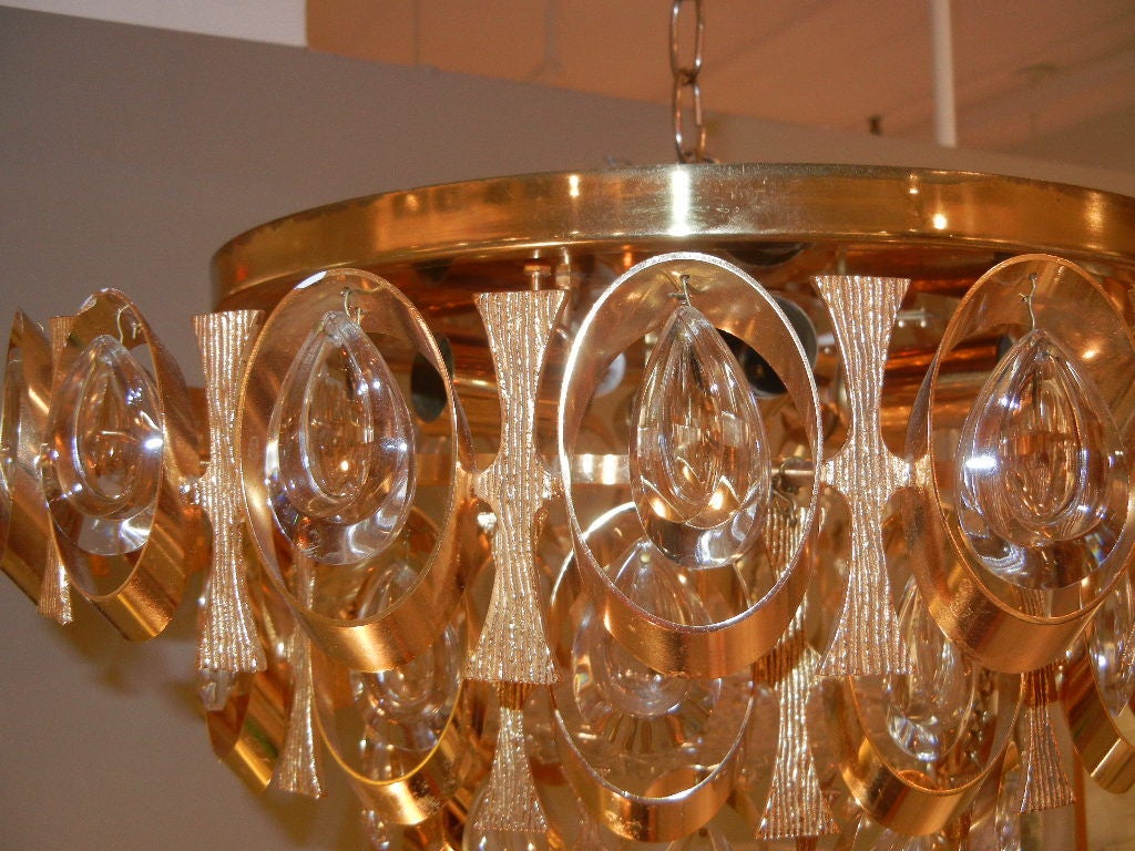 Austrian Midcentury Lobmeyr Flush Mount Brass and Crystal Chandelier For Sale