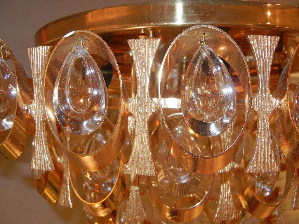 Midcentury Lobmeyr Flush Mount Brass and Crystal Chandelier In Excellent Condition For Sale In New York, NY