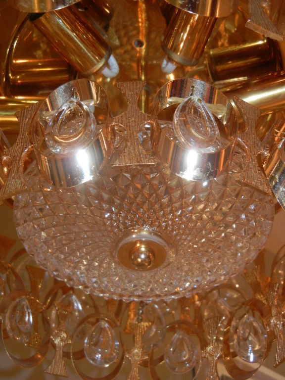 Mid-20th Century Midcentury Lobmeyr Flush Mount Brass and Crystal Chandelier For Sale