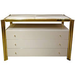 Vintage Mid Century Italian Cream Lacquered and Brass Three-Drawer Dresser or Chest